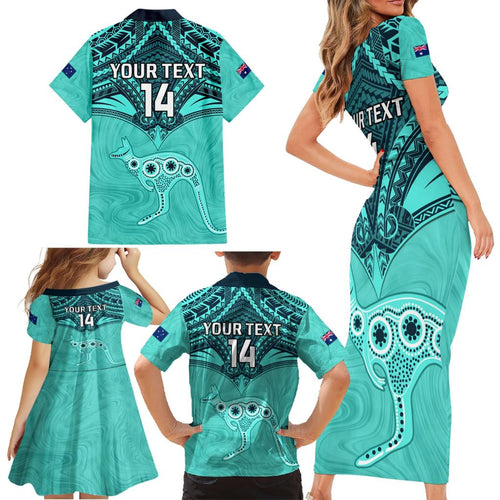 Custom Australia Matildas Family Matching Short Sleeve Bodycon Dress and Hawaiian Shirt Polynesian Mix Turquoise Marble