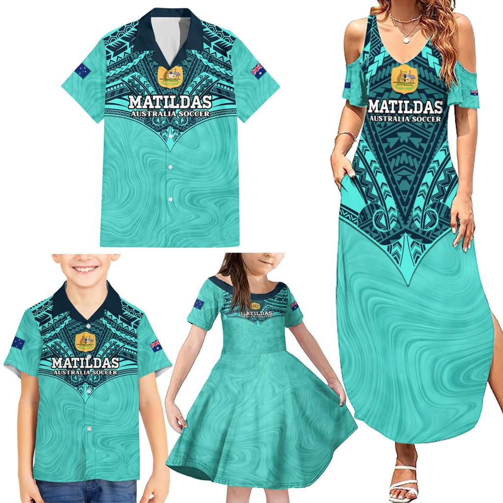 Custom Australia Matildas Family Matching Summer Maxi Dress and Hawaiian Shirt Polynesian Mix Turquoise Marble