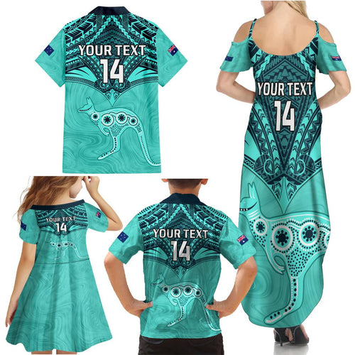 Custom Australia Matildas Family Matching Summer Maxi Dress and Hawaiian Shirt Polynesian Mix Turquoise Marble