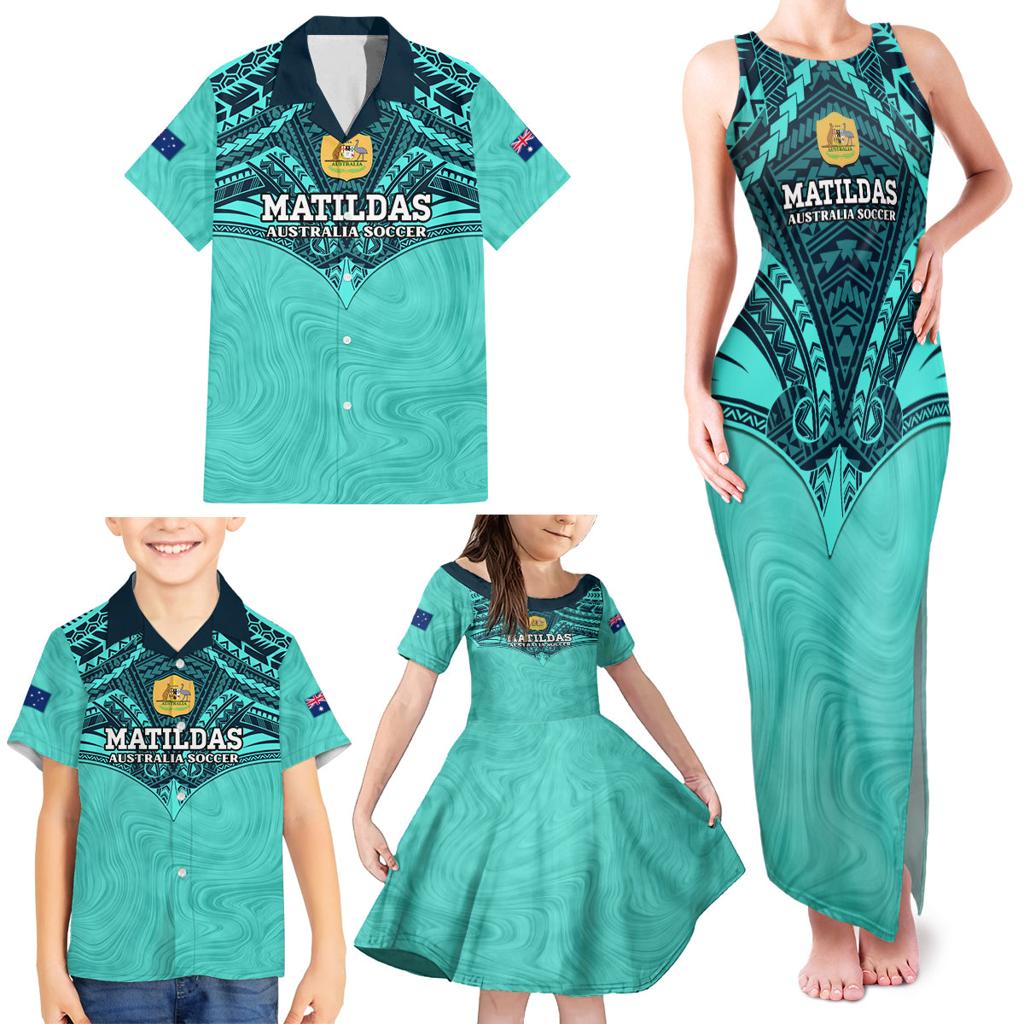 Custom Australia Matildas Family Matching Tank Maxi Dress and Hawaiian Shirt Polynesian Mix Turquoise Marble