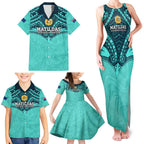 Custom Australia Matildas Family Matching Tank Maxi Dress and Hawaiian Shirt Polynesian Mix Turquoise Marble