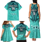 Custom Australia Matildas Family Matching Tank Maxi Dress and Hawaiian Shirt Polynesian Mix Turquoise Marble