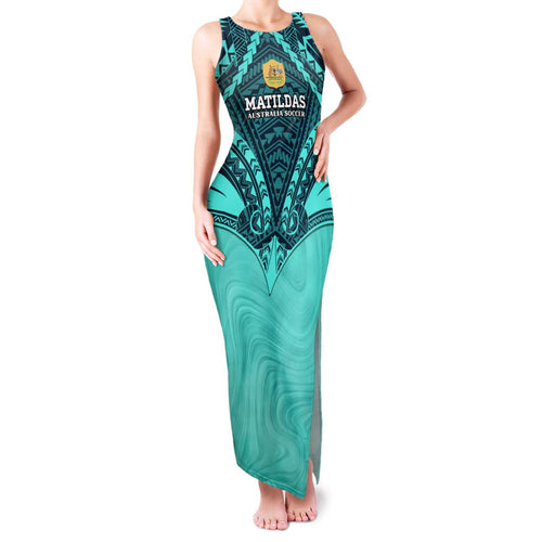 Custom Australia Matildas Family Matching Tank Maxi Dress and Hawaiian Shirt Polynesian Mix Turquoise Marble