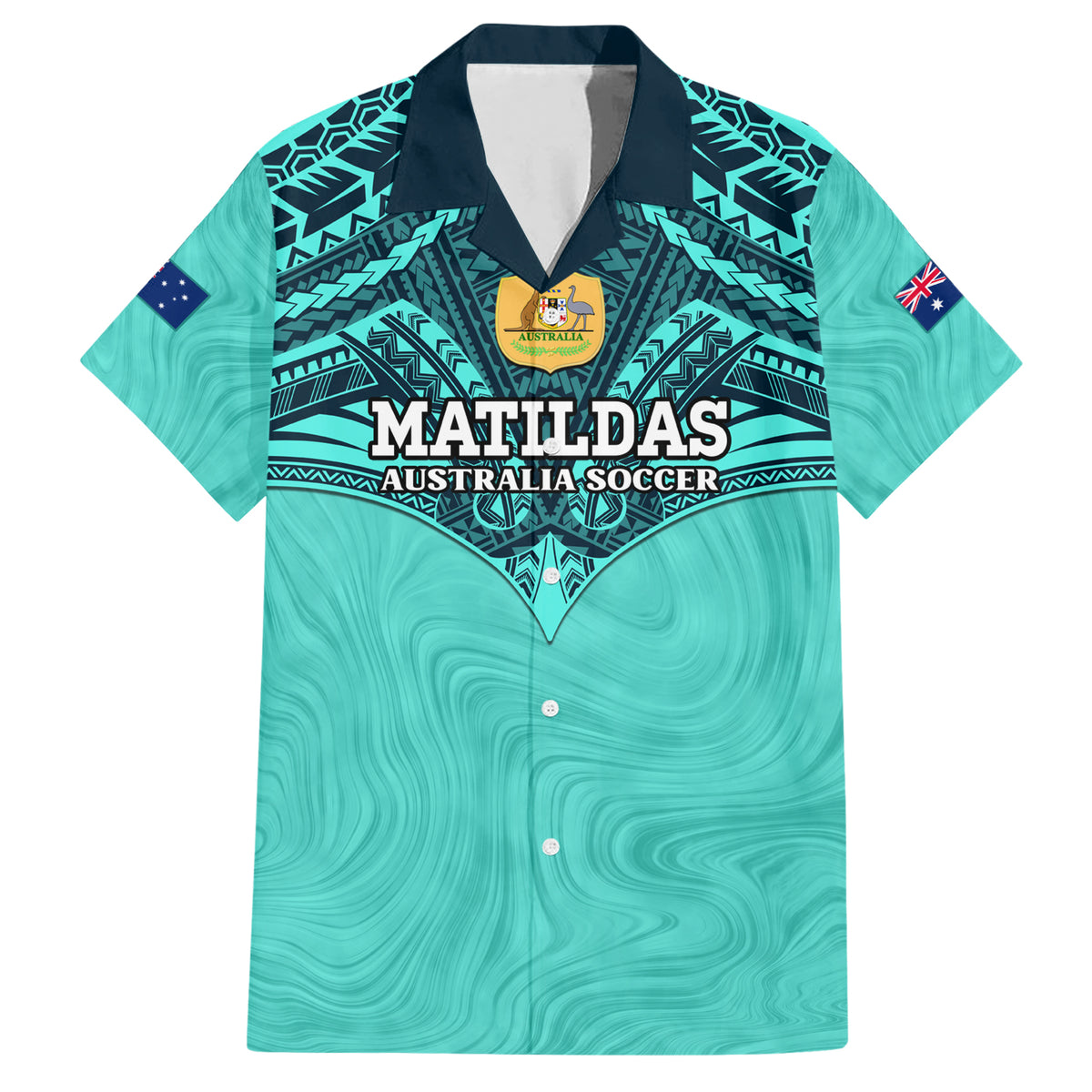 Custom Australia Matildas Hawaiian Shirt Polynesian Mix Turquoise Marble