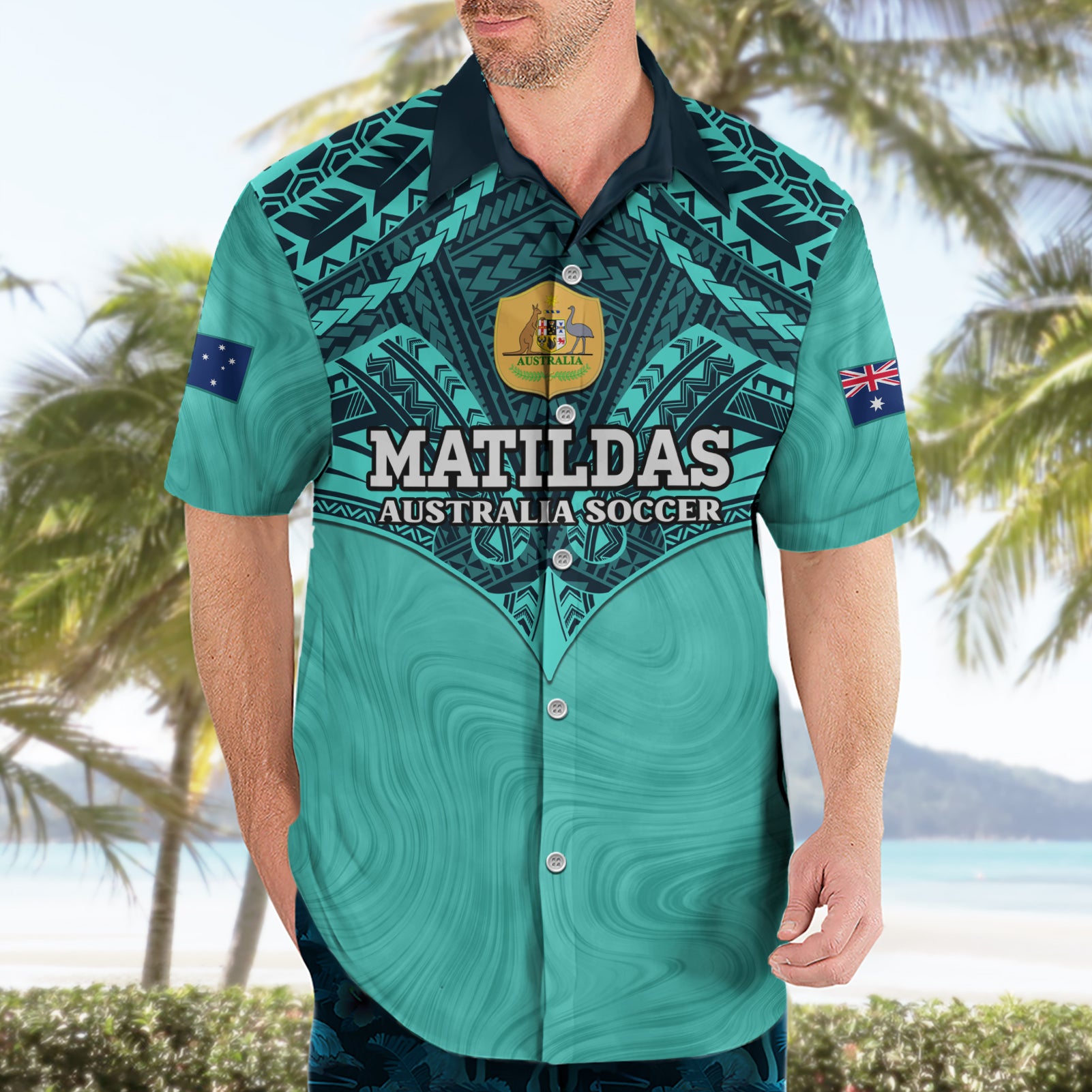 Custom Australia Matildas Hawaiian Shirt Polynesian Mix Turquoise Marble