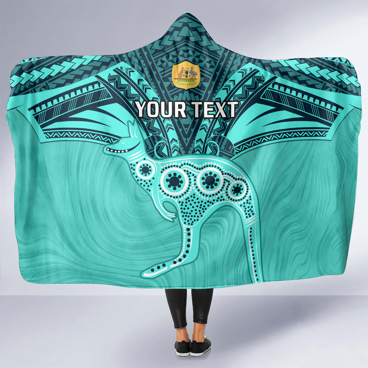 Custom Australia Matildas Hooded Blanket Polynesian Mix Turquoise Marble