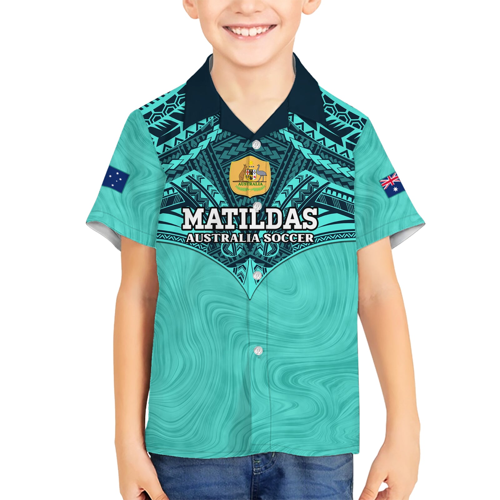 Custom Australia Matildas Kid Hawaiian Shirt Polynesian Mix Turquoise Marble