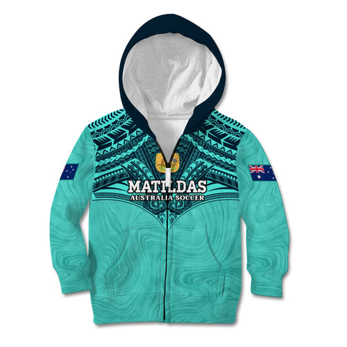 Custom Australia Matildas Kid Hoodie Polynesian Mix Turquoise Marble