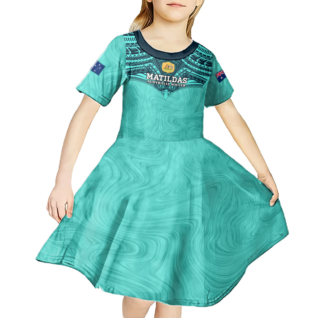 Custom Australia Matildas Kid Short Sleeve Dress Polynesian Mix Turquoise Marble