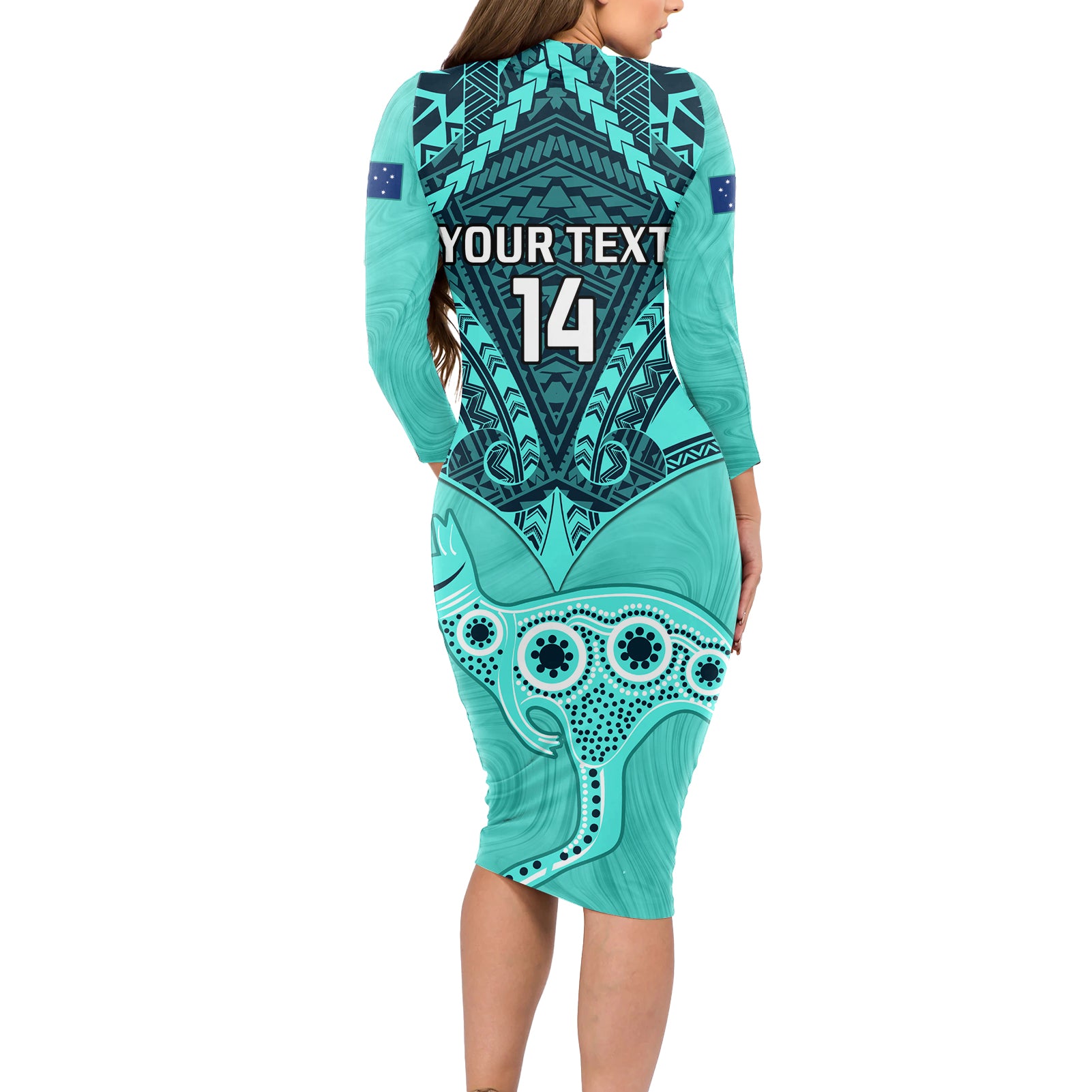 Custom Australia Matildas Long Sleeve Bodycon Dress Polynesian Mix Turquoise Marble