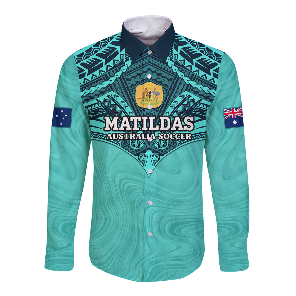 Custom Australia Matildas Long Sleeve Button Shirt Polynesian Mix Turquoise Marble