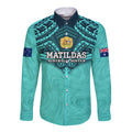 Custom Australia Matildas Long Sleeve Button Shirt Polynesian Mix Turquoise Marble