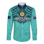 Custom Australia Matildas Long Sleeve Button Shirt Polynesian Mix Turquoise Marble