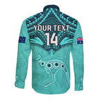 Custom Australia Matildas Long Sleeve Button Shirt Polynesian Mix Turquoise Marble