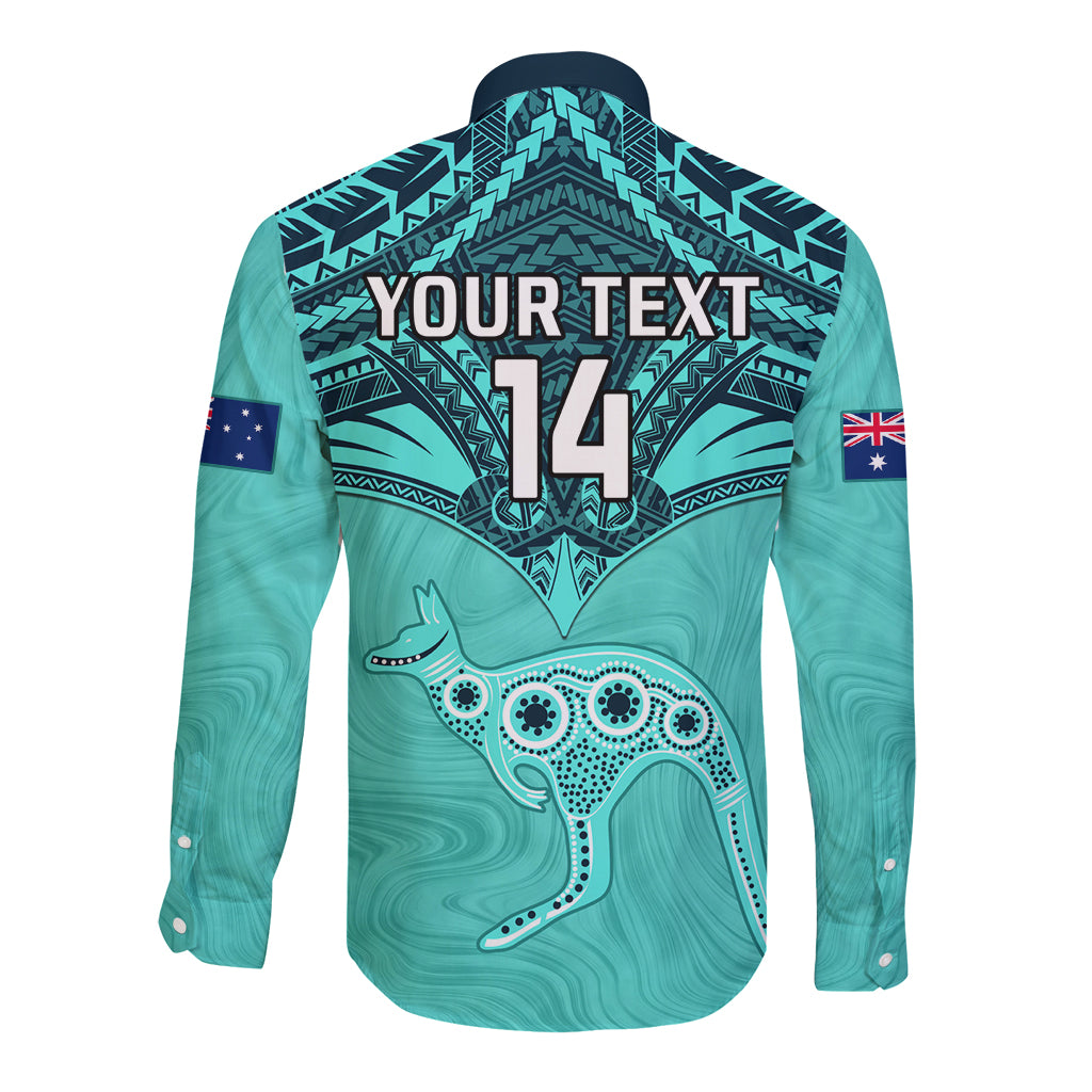 Custom Australia Matildas Long Sleeve Button Shirt Polynesian Mix Turquoise Marble
