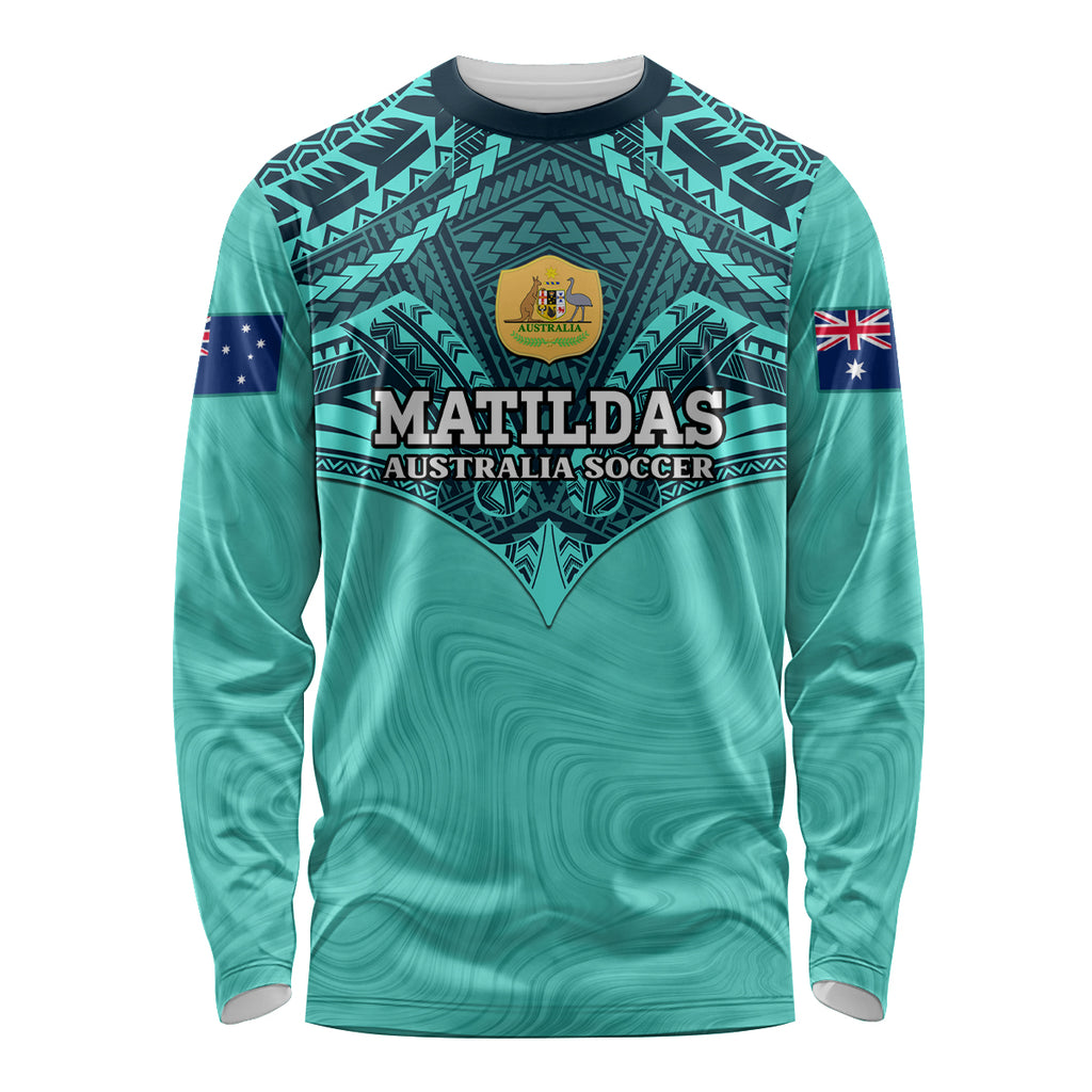 Custom Australia Matildas Long Sleeve Shirt Polynesian Mix Turquoise Marble