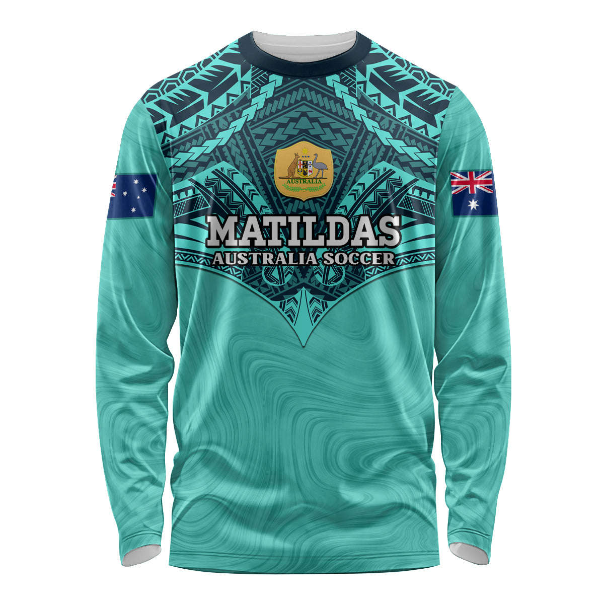 Custom Australia Matildas Long Sleeve Shirt Polynesian Mix Turquoise Marble