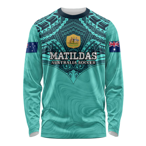 Custom Australia Matildas Long Sleeve Shirt Polynesian Mix Turquoise Marble