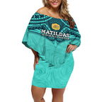 Custom Australia Matildas Off Shoulder Short Dress Polynesian Mix Turquoise Marble