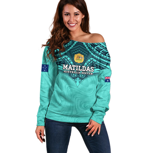 Custom Australia Matildas Off Shoulder Sweater Polynesian Mix Turquoise Marble