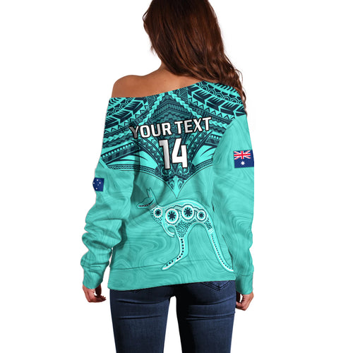 Custom Australia Matildas Off Shoulder Sweater Polynesian Mix Turquoise Marble