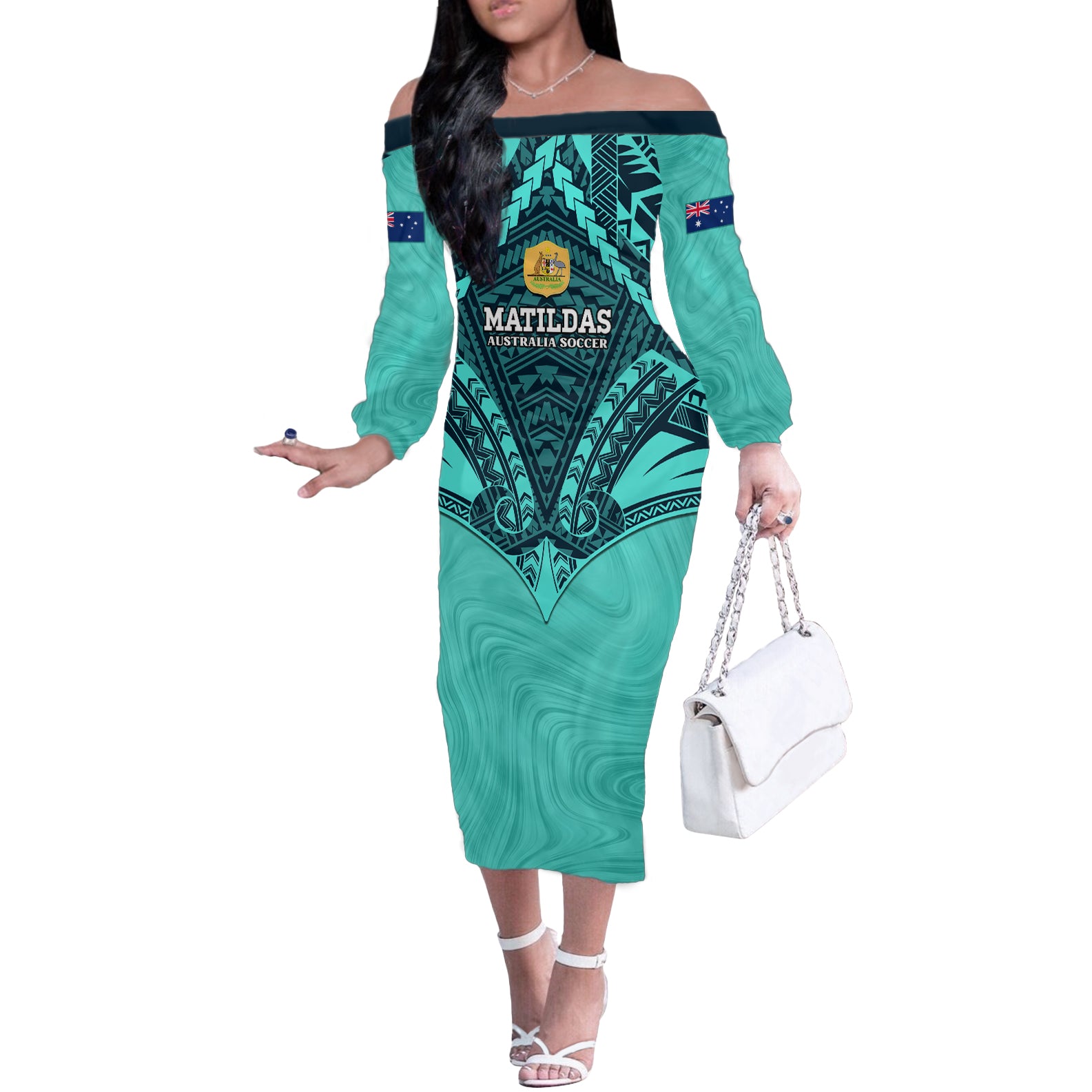 Custom Australia Matildas Off The Shoulder Long Sleeve Dress Polynesian Mix Turquoise Marble