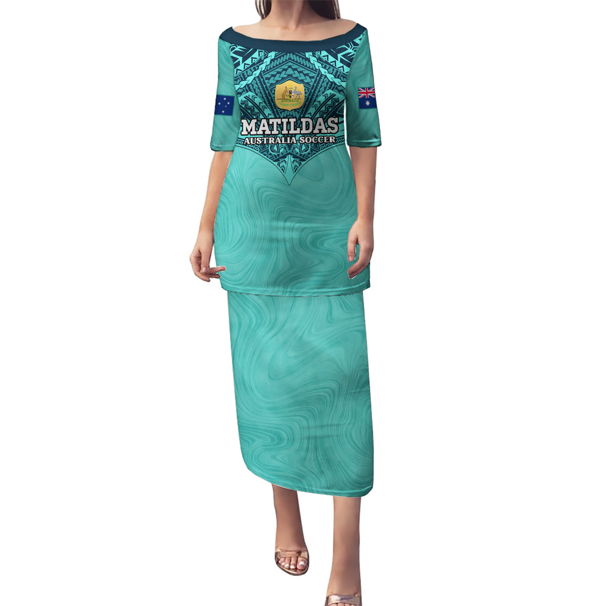 Custom Australia Matildas Puletasi Polynesian Mix Turquoise Marble