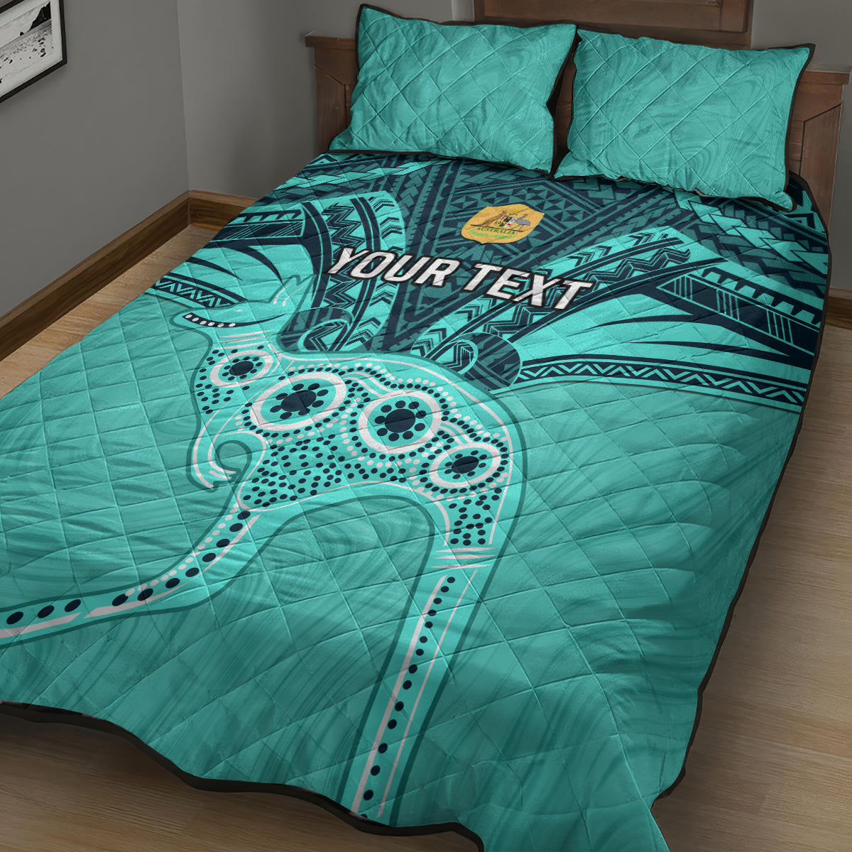 Custom Australia Matildas Quilt Bed Set Polynesian Mix Turquoise Marble