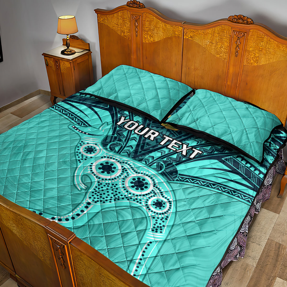 Custom Australia Matildas Quilt Bed Set Polynesian Mix Turquoise Marble