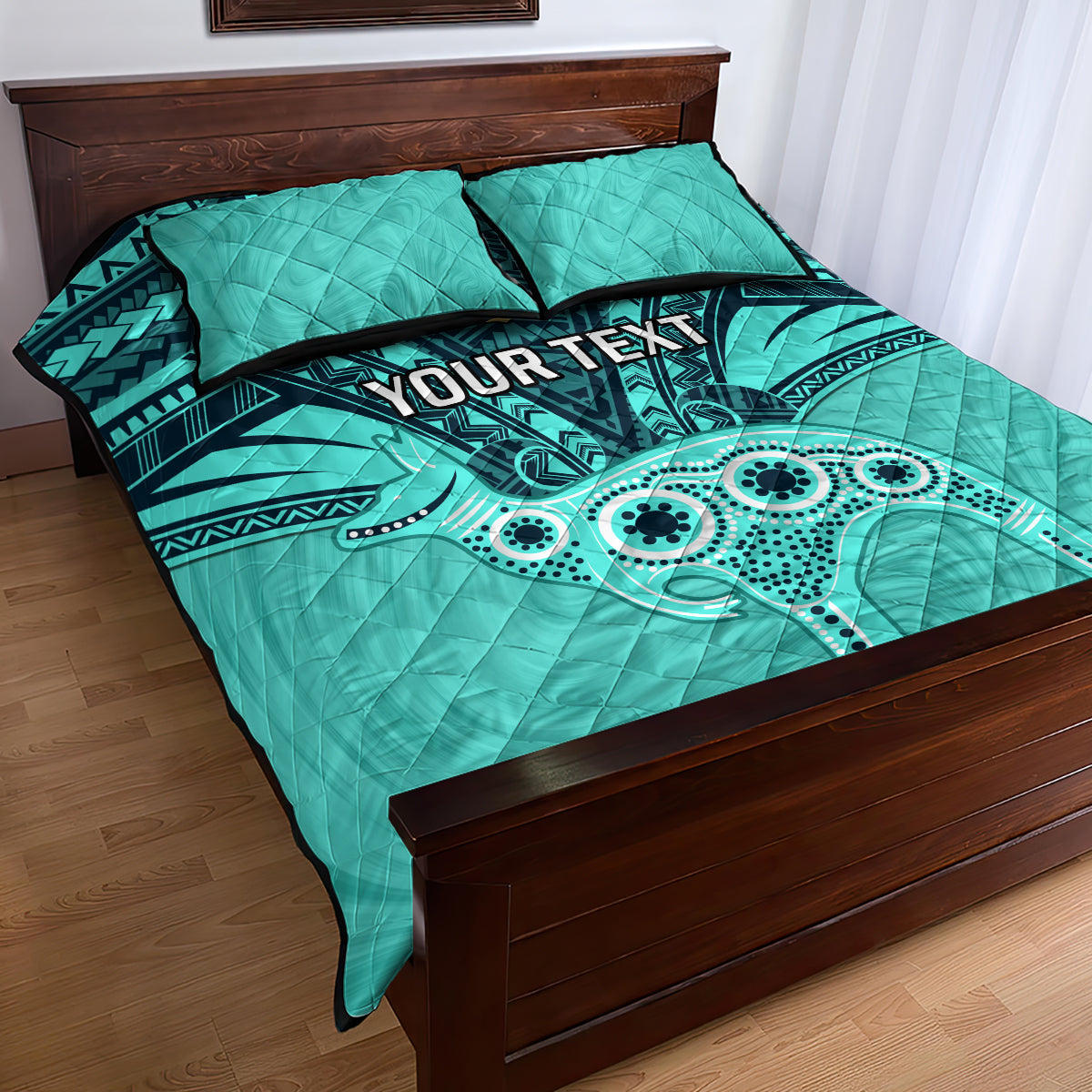 Custom Australia Matildas Quilt Bed Set Polynesian Mix Turquoise Marble