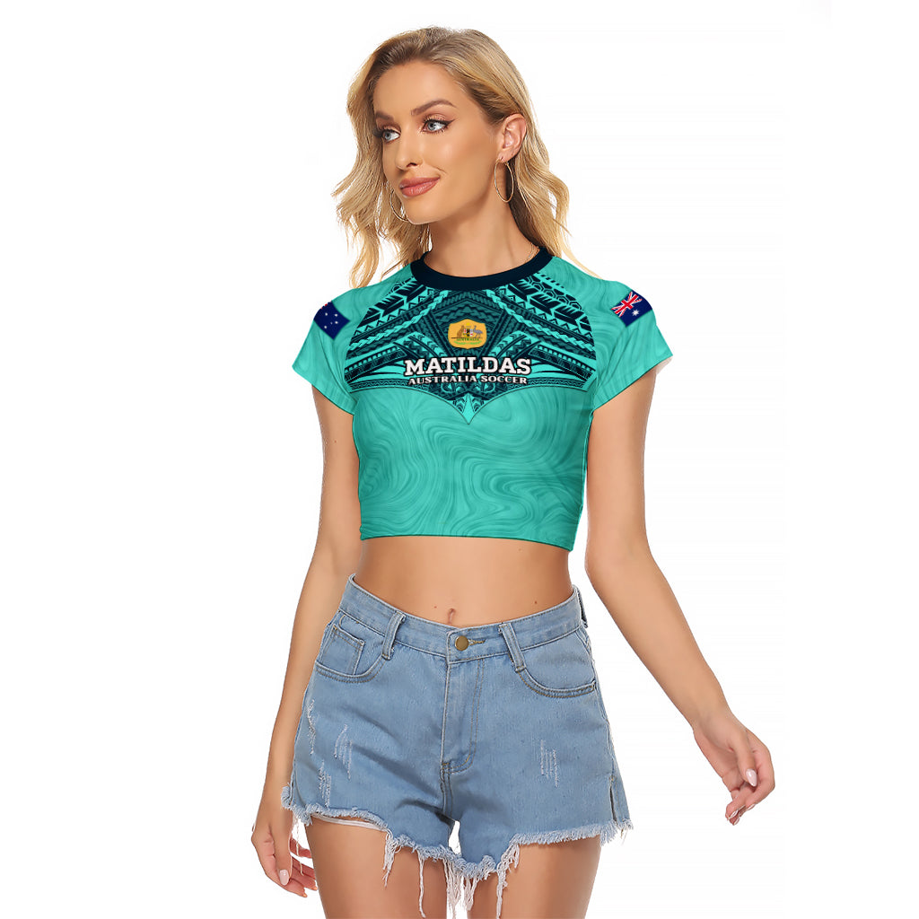 Custom Australia Matildas Raglan Cropped T Shirt Polynesian Mix Turquoise Marble