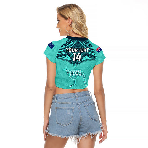 Custom Australia Matildas Raglan Cropped T Shirt Polynesian Mix Turquoise Marble