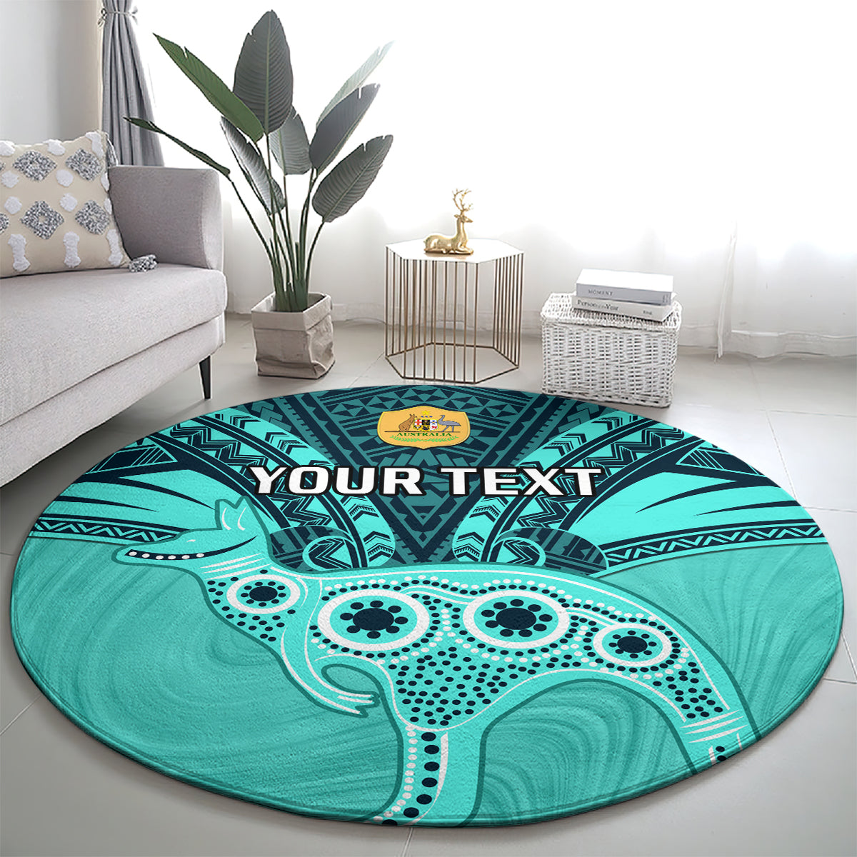 Custom Australia Matildas Round Carpet Polynesian Mix Turquoise Marble