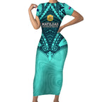 Custom Australia Matildas Short Sleeve Bodycon Dress Polynesian Mix Turquoise Marble