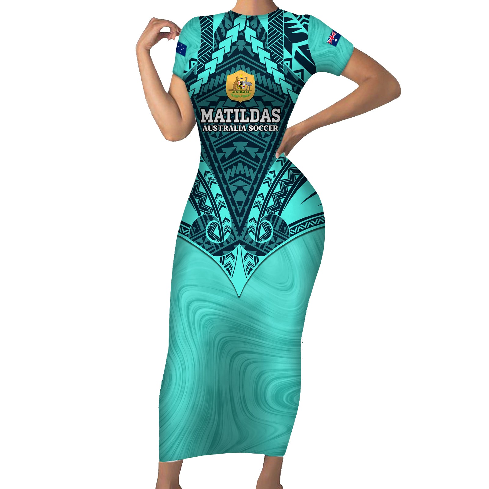 Custom Australia Matildas Short Sleeve Bodycon Dress Polynesian Mix Turquoise Marble