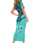 Custom Australia Matildas Short Sleeve Bodycon Dress Polynesian Mix Turquoise Marble
