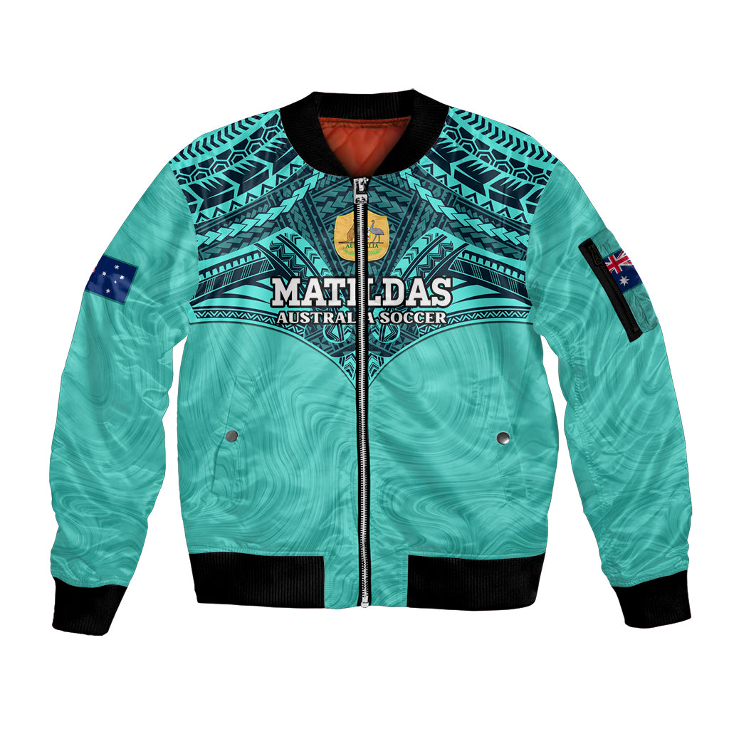 Custom Australia Matildas Sleeve Zip Bomber Jacket Polynesian Mix Turquoise Marble