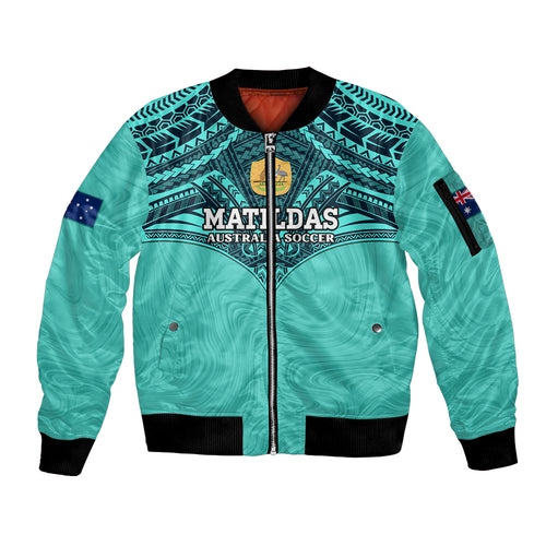 Custom Australia Matildas Sleeve Zip Bomber Jacket Polynesian Mix Turquoise Marble