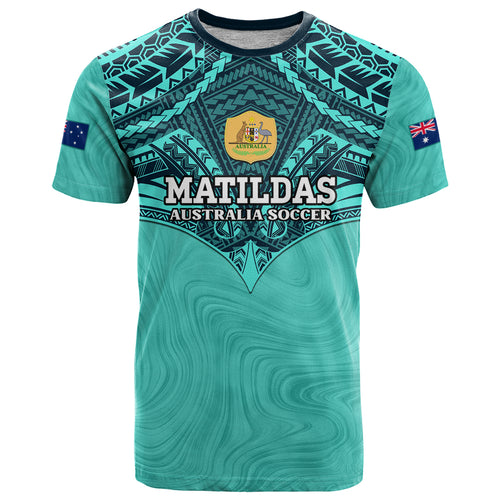 Custom Australia Matildas T Shirt Polynesian Mix Turquoise Marble