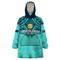 Custom Australia Matildas Wearable Blanket Hoodie Polynesian Mix Turquoise Marble