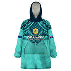 Custom Australia Matildas Wearable Blanket Hoodie Polynesian Mix Turquoise Marble