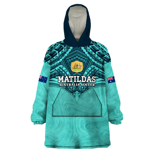 Custom Australia Matildas Wearable Blanket Hoodie Polynesian Mix Turquoise Marble
