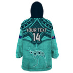 Custom Australia Matildas Wearable Blanket Hoodie Polynesian Mix Turquoise Marble