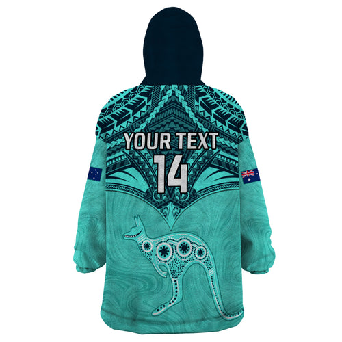 Custom Australia Matildas Wearable Blanket Hoodie Polynesian Mix Turquoise Marble