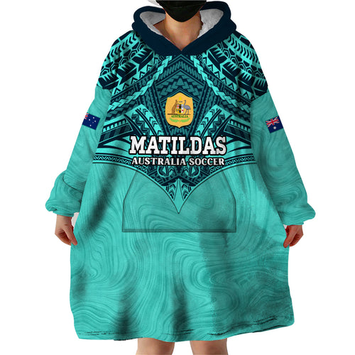 Custom Australia Matildas Wearable Blanket Hoodie Polynesian Mix Turquoise Marble