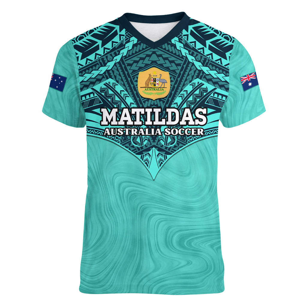 Custom Australia Matildas Women V Neck T Shirt Polynesian Mix Turquoise Marble