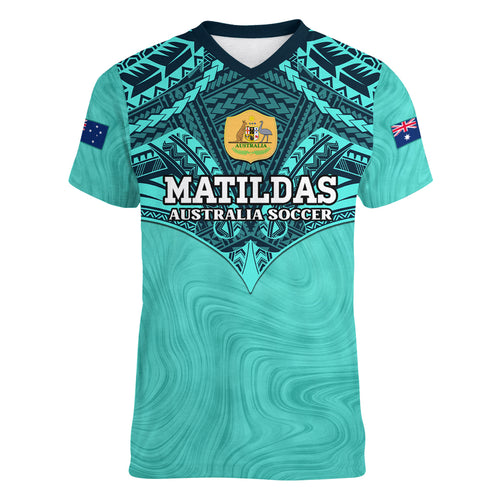 Custom Australia Matildas Women V Neck T Shirt Polynesian Mix Turquoise Marble
