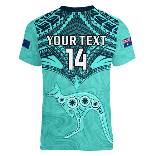 Custom Australia Matildas Women V Neck T Shirt Polynesian Mix Turquoise Marble