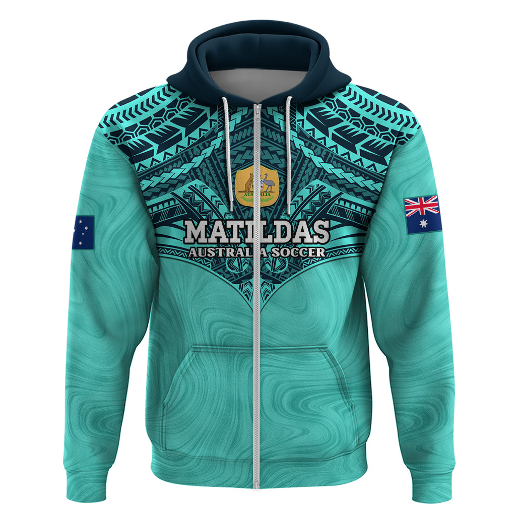 Custom Australia Matildas Zip Hoodie Polynesian Mix Turquoise Marble