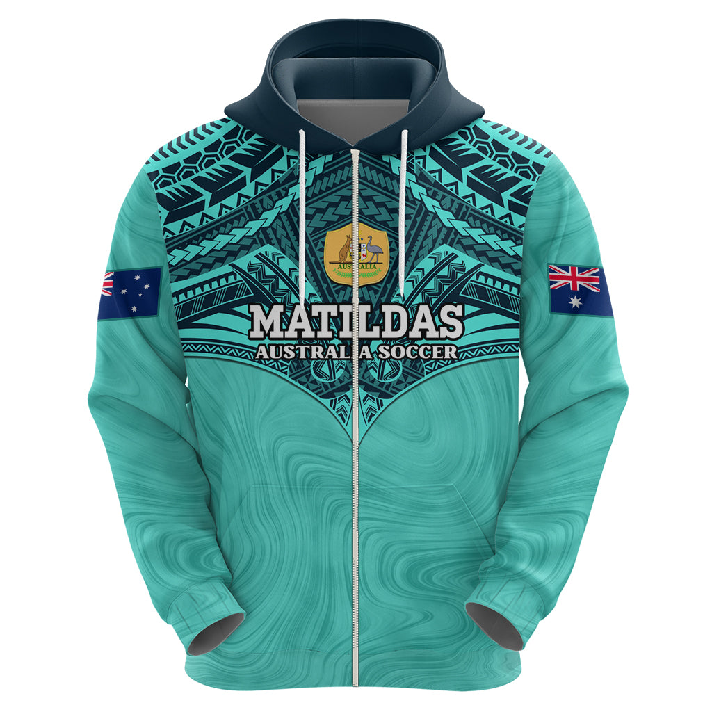 Custom Australia Matildas Zip Hoodie Polynesian Mix Turquoise Marble